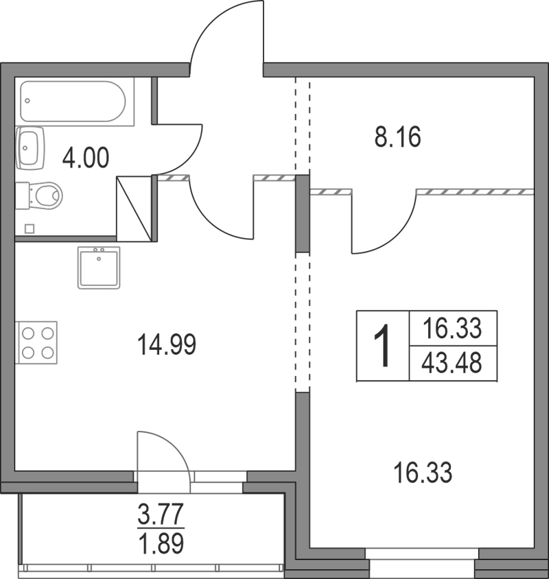 1-комнатная квартира 43.48 м², 3/19 эт., ЖК «Приморский квартал»